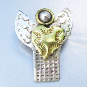 Vintage Mexican Sterling Silver ANGEL Vermeil Heart Brooch Pin or Mexico Pendant